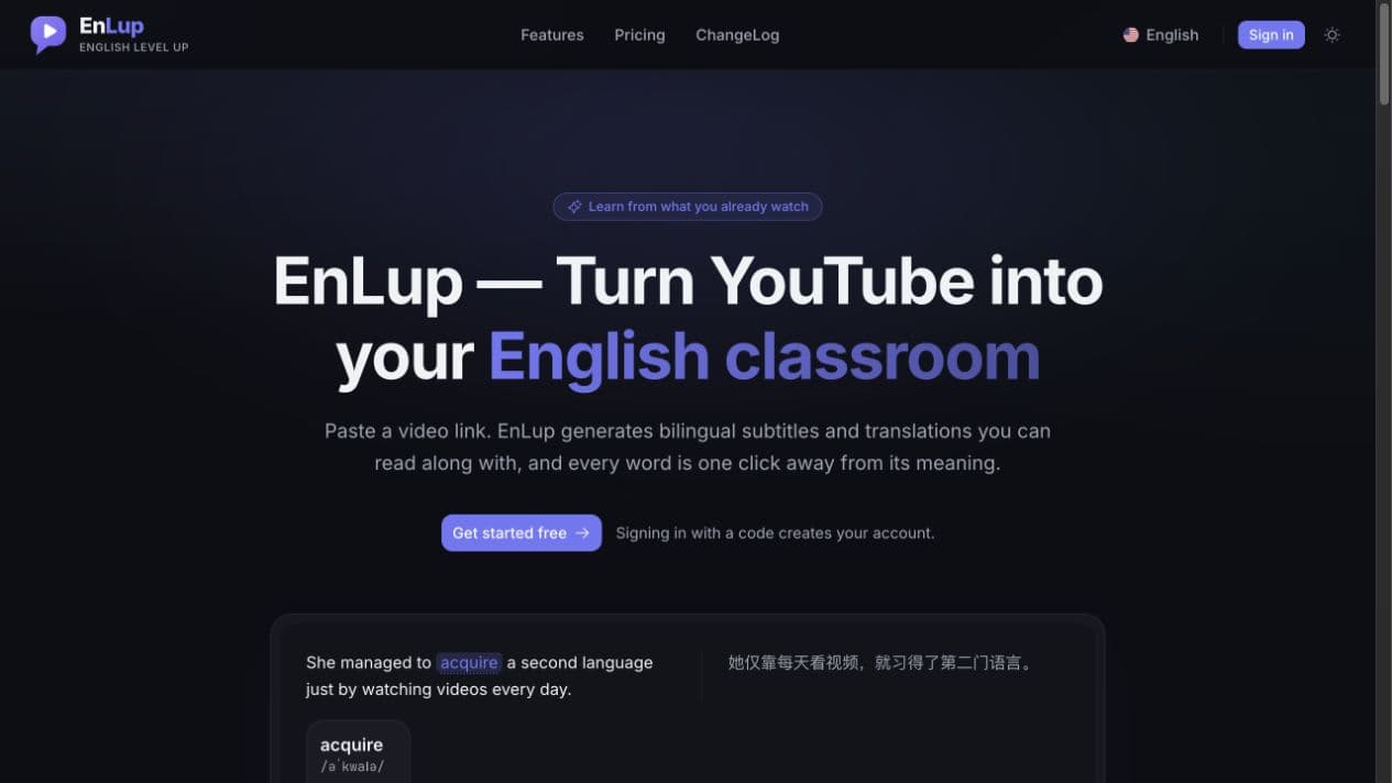 EnLup website showing its video learning introduction and bilingual subtitle example