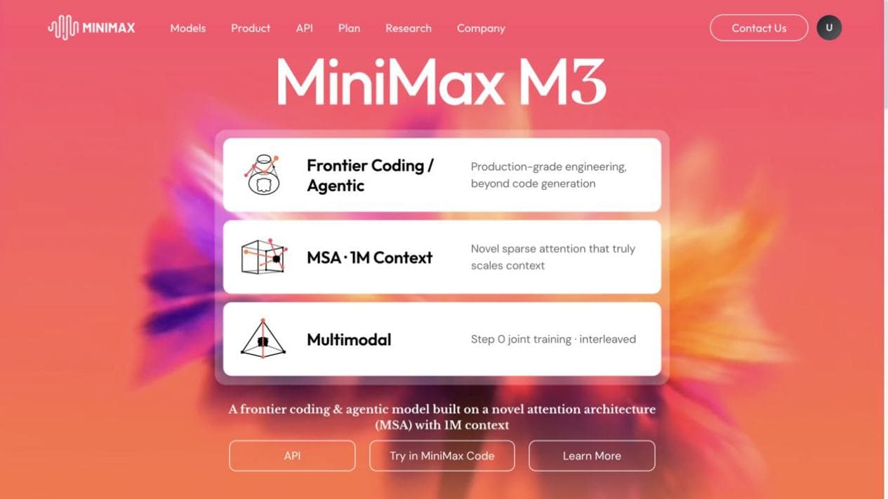Actual MiniMax English homepage introducing its coding, agentic and multimodal model capabilities