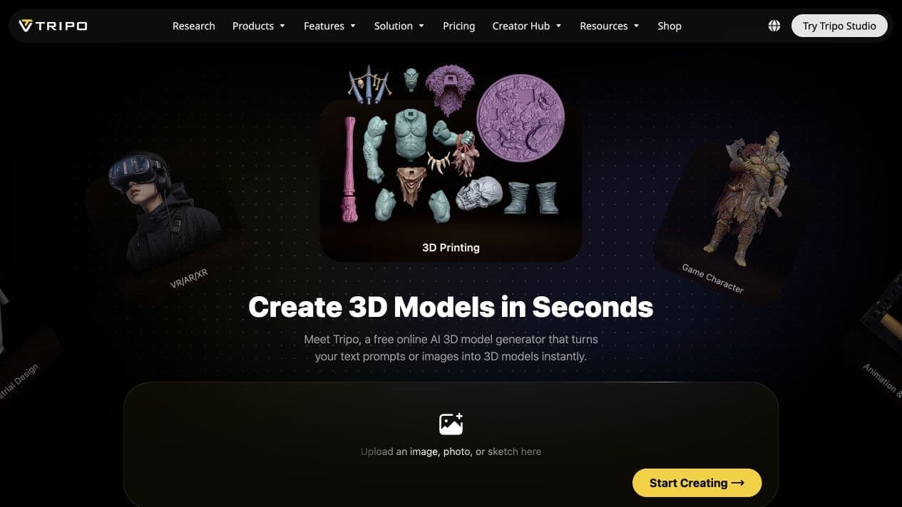 Actual Tripo English homepage with its text and image to 3D introduction and model showcase